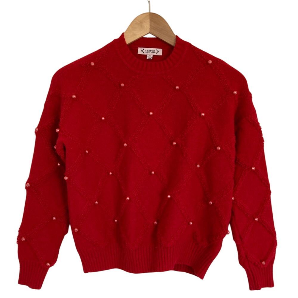 Nanette Lepore Womens Crew Neck Sweater Pearls Red Size XS Girly Coquette